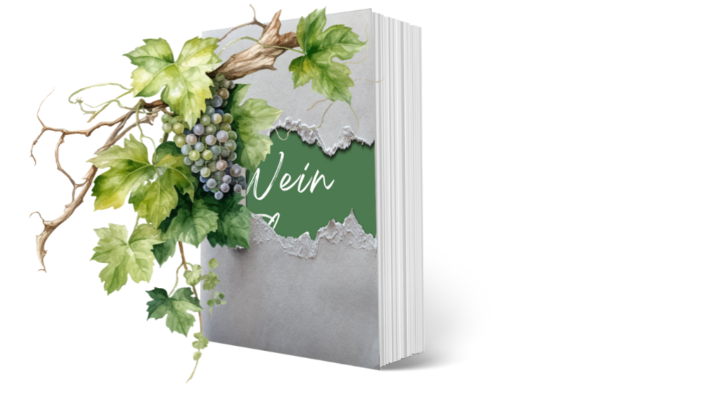 Mockup mit einem fast vollständig verdeckten Coverbild, an dessen linker Seite eine Weinranke mit Rebe entlangwächs. Das Papier über dem Cover ist in der Mitte aufgerissen und man erkennt ein bisschen Grün und in weißer Schrift das Wort "Wein".
